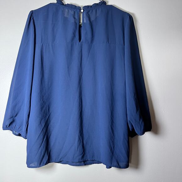 Monteau L Blue Peasant Blouse 3/4 Sleeve Boho Flowing Top Pleated Yoke Feminine - Picture 2 of 9